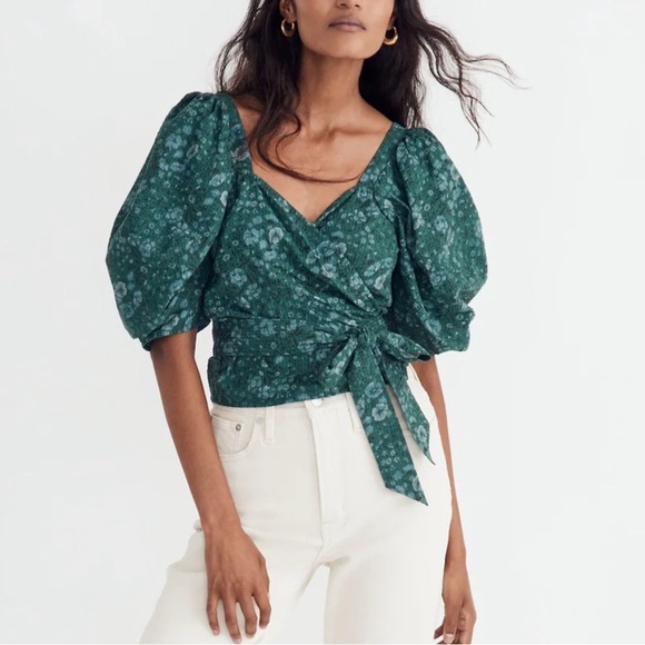 Madewell Tops - Madewell Green Floral Puff Sleeve Blouse NWOT